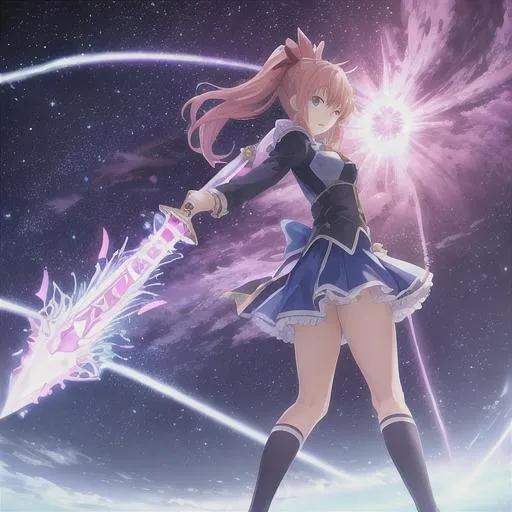 Prompt: anime opening Full-body detailed masterpiece, fantasy, high-res, quality upscaled image, perfect composition, Margaret Persona series, trails in the sky, sora no kiseki, blue moonlight background, flaming greatsword