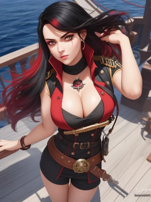 Prompt: ombre red-black hair, pirate captain, girl, solo, daunting, intimidating, serious, cruel, mole under eye, ship deck, bodacious, mole on body, fullbody, ((full body)) {{good looking}} {{cute}} {{good body}} {{tight}}, symmetrically colored hair, {{shadows}},
