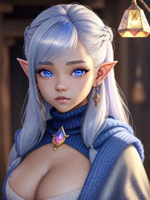 Prompt: oil painting, D&D fantasy, {16 years old}, gnome girl, light skinned female (short height), {COLOSALLY BREASTED}, beautiful face, very cute, {CRYSTALLINE HAIR}, pointed ears, looking at the viewer, {wearing WOOLEN SWEATER}, UHD, hd , 8k eyes, detailed face, big blue anime eyes, 8k eyes, {bright blue eyes}, {wide thick feminine lips}, straight nose, high cheekbones, long eyelashes, intricate details, insanely detailed, masterpiece, cinematic lighting, 8k, complementary colors, {CRYSTALLINE HAIR}, octane render, volumetric lighting, unreal 5, artwork, concept art, cover, top model, light on hair, colorful glamourous hyperdetailed medieval city background, ultra-fine details, hyper-focused, deep colors, dramatic lighting, ambient lighting god rays, flowers, garden | by sakimi chan, artgerm, wlop, pixiv, tumblr, instagram, deviantart