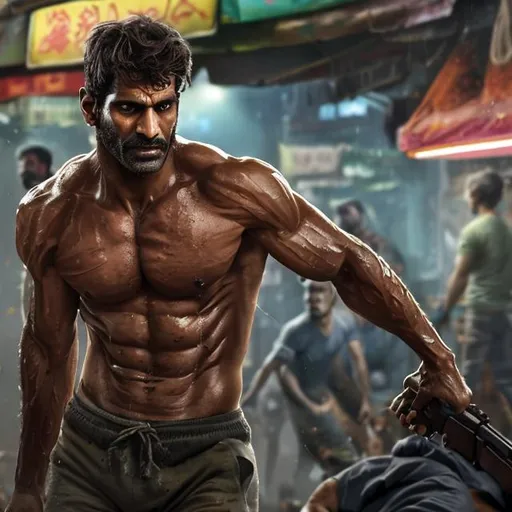 Prompt: a full scene of very sweaty hypermasculine irani army man with brown hair and with rugged handsome face wearing light blue sweatpants with bulge in a busy market with guns etc. very hansome thick wet chest and armpits, arena, perfect composition, hyperrealistic, super detailed, 8k, high quality, trending art, trending on artstation, sharp focus, studio photo, intricate details, highly detailed, by netflix