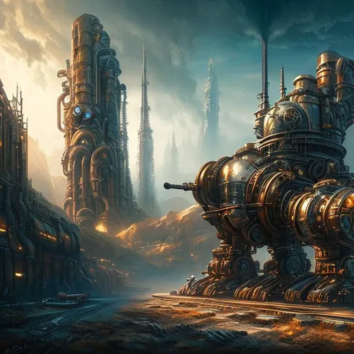 Prompt: Fantasy art style, painting, metal, chrome, Evil, redwood tree, biological mechanical, dystopian, war machine, pipes, robot, cityscape 