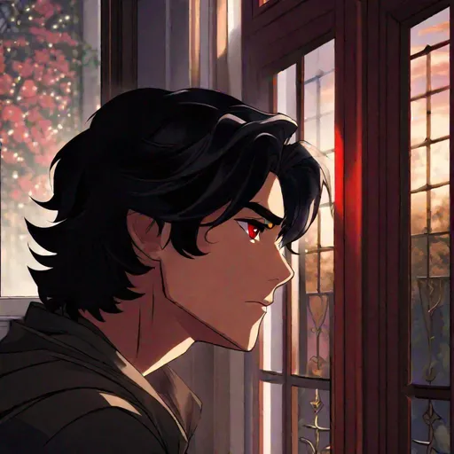 Prompt: Damien (male, short black hair, red eyes) staring out the window, with a look of adoration on his face