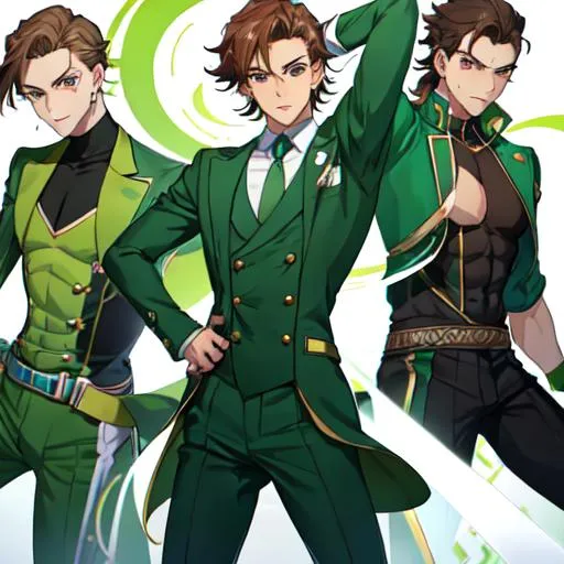 Prompt: Male with green suit,brown hair,brown eyes, white skin color, jojo pose, one person