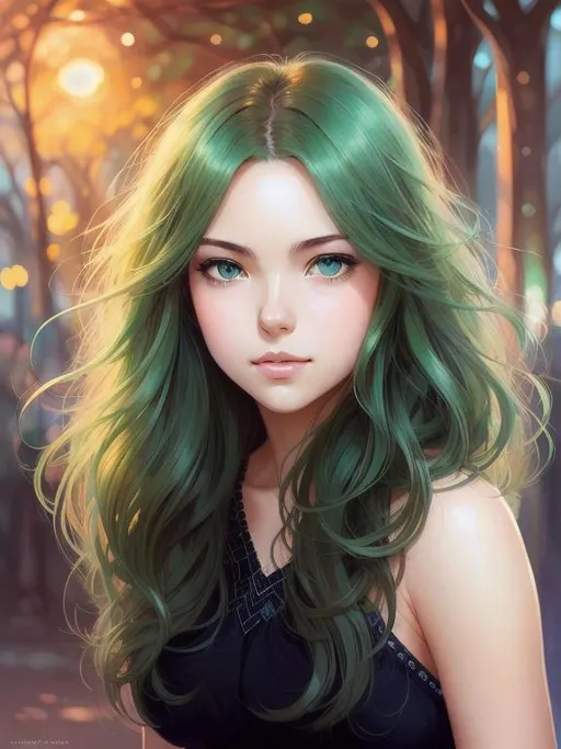 Prompt: Closeup face portrait of a Lisa, smooth soft skin,big green dreamy eyes, beautiful intricate colored hair, symmetrical, anime wide eyes, soft lighting, detailed face, by makoto shinkai, stanley artgerm lau, wlop, rossdraws, concept art, digital painting, looking into camera