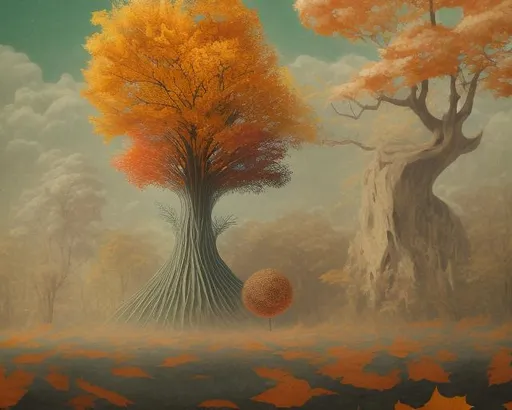 Prompt: ART DECO AUTUMN TREES, falling leaves, birds, hills, wind, clouds, castle, AURIKA PILIPONIENE IRA KENNEDY MARCI MCDONALD HOLAKANOLA MARIA SERAFINA DEBBIE CRISWELL victo ngai henri rousseau vladimir kush Arief Putra Anita Inverarity Alenka Sottler Itzchak Tarkay remedios varo