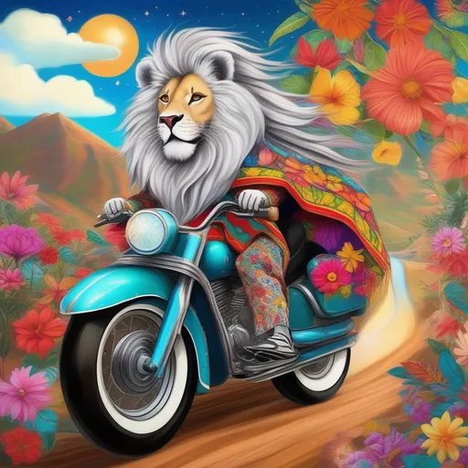 Prompt: an old furry lion (Beautiful {Sugarskull} and happy face), graying hair of flowers, wearing a psychedelic poncho with tropical flowers on it, riding a big trail motorcycle.