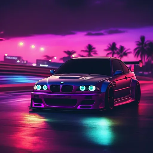 Prompt: 2001 BMW M3 E46 GTR, synthwave, aesthetic cyberpunk, miami, highway, dusk, neon lights, coastal highway, dusk, neon lights, coastal highway, sunset, drift, nurburgring