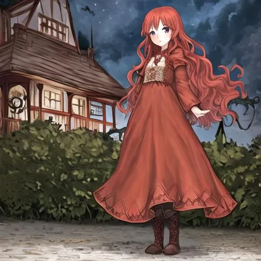 Prompt: Girl with red wavy hair, in long Boho dress and boots, stood near a haunted house 