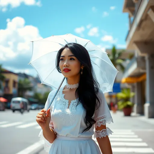 Prompt: filipina woman, morena skin color, black hair, wearing an all white traditional dress Filipiniana Terno. Walking in an urban area, holding an umbrella on a sunny day.