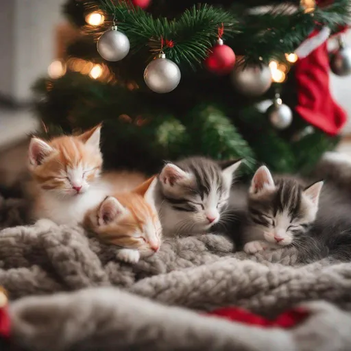 Prompt: kittens sleeping under a christmas tree