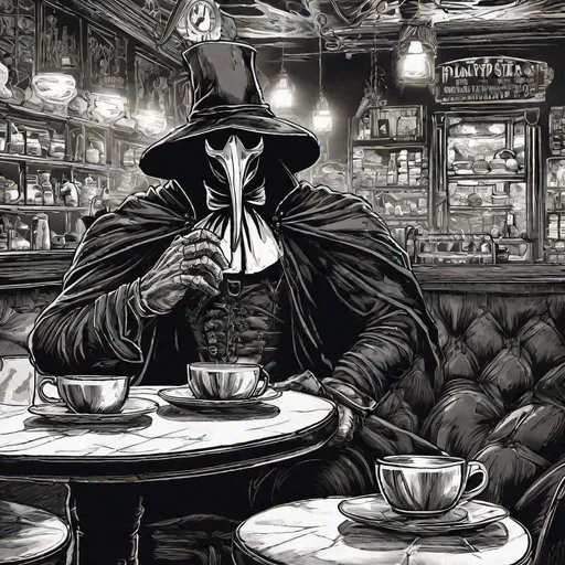 Prompt: Super Muscular Man, Plague doctor In a cafe ,dim light , accurate symmetry ,super detailed