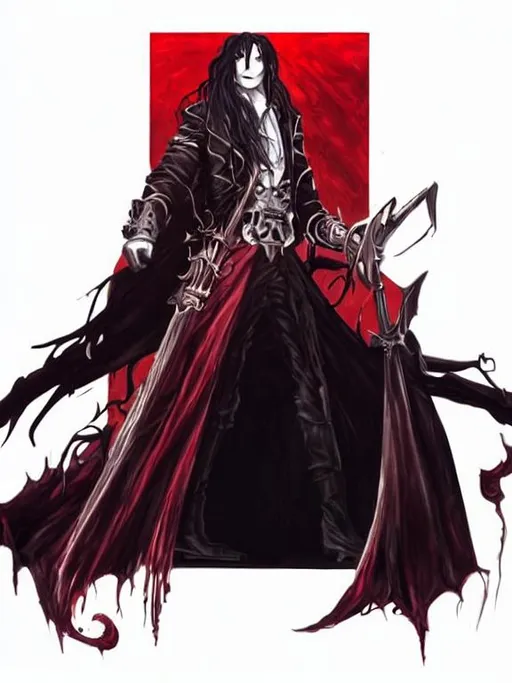 Prompt: alucard as a dark fantasy character concept art of a long black haired male vampire in victorian goth clothing