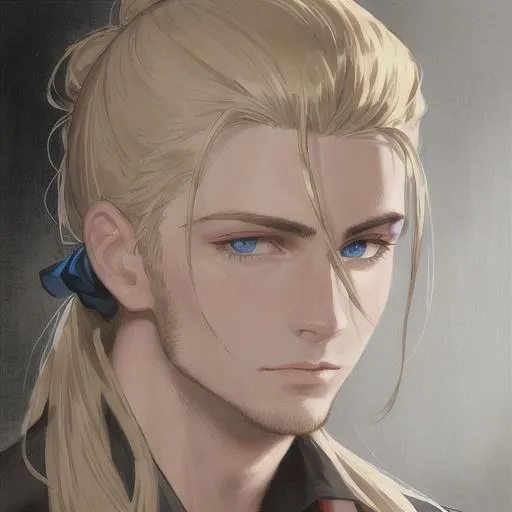 Prompt: portrait of a man, with a blonde man bun, realistic blue eyes, soft red and black lighting