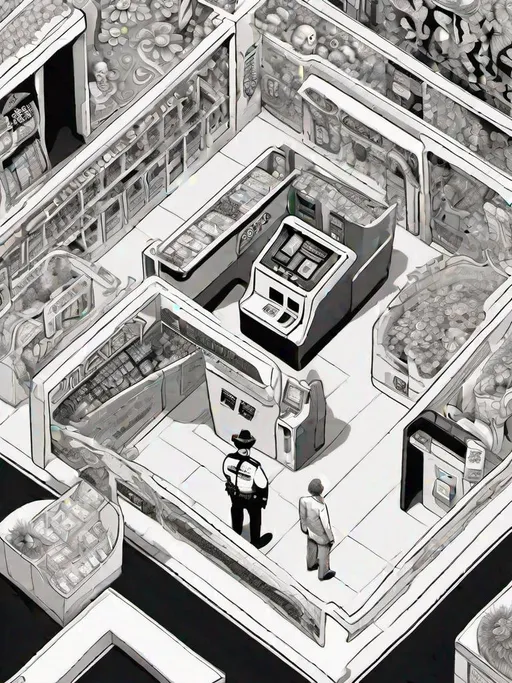 Prompt: illustration of the overhead view of the American labyrinth, self-checkout kiosks between passages, the roaming minotaur is wearing a ticket collector/police uniform in the style of a psychedelic black and white art