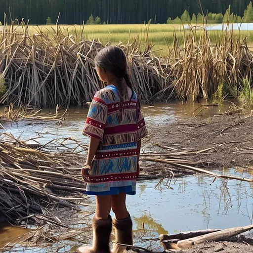 Prompt:  faraway indigenous girl walking towards a beaver dam