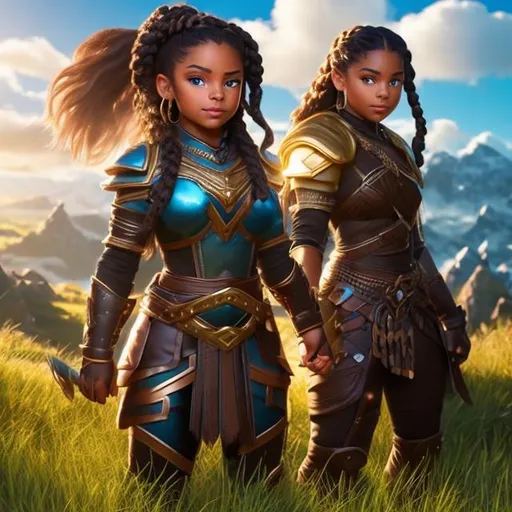 Prompt: dwarf girl, dark skinned woman with braided brown hair and dark blue eyes, Studded leather armor. Planets in sky, grassy plains. Full body, full body picture, perfect eyes, symmetrical face, Perfect feet if present, perfect hands if present, perfect 5 fingers is visible. The entire image should be very intricate and extremely detailed with excellent lighting, ray tracing, high contrast, vivid detail, and perfect composition. Full body image. Octane, 4k, trending, highest quality, soft, art, RPG, highres, illustration,