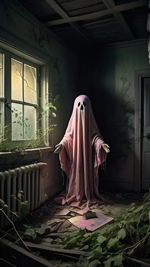 Prompt: Spiritual ghost figure haunting in overgrown abandoned house, detailed, scary, dark, night time, vines hanging, windy, 4k HDR, horror, detailed shadows, eerie atmosphere, haunting presence, spooky, detailed textures, chilling winds, overgrown setting, atmospheric lighting