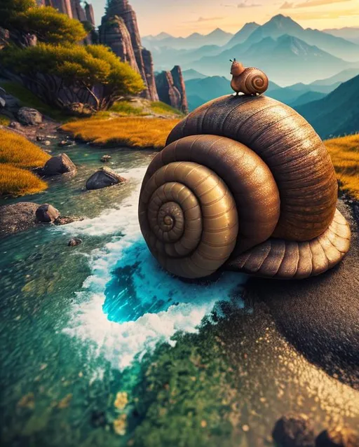 Prompt: Giant snail climbing a mountain, (Masterpiece, top quality, best quality, official art, beautiful and aesthetic:1.2), cinematic shot, centered, Instagram able, ultra detailed, intricate, (epic composition, epic proportion), volumetric lighting, warm color, award winning, photography
