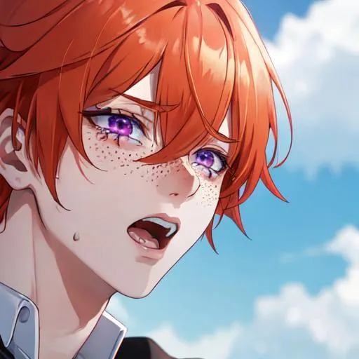 Prompt: Erikku male adult (short ginger hair, freckles, right eye blue left eye purple) UHD, 8K, Highly detailed, insane detail, best quality, high quality,  anime style, in purgatory, yelling, crying out for help