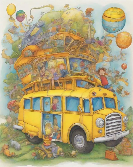Prompt: A whimsical and imaginative depiction of the Magic School Bus from the children's book series by Joanna Cole and Bruce Degen. Capture the sense of wonder and excitement that the Magic School Bus inspires in children of all ages. Use bright colors and playful elements to create a truly magical image.