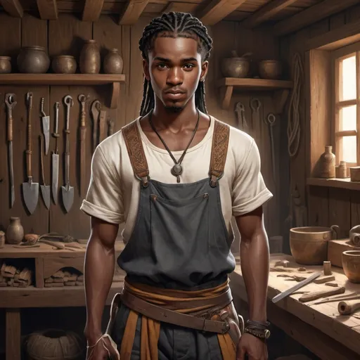 Prompt: Full body, Fantasy illustration of a male black carpenter, 24 years old, black skin, short braids, carpenters garment, secretive expression, high quality, rpg-fantasy, detailed, in a african-style workshop