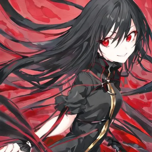 Prompt: HD, anime girl with black hair and red eyes, she wears red and black clothes and has a friendly smile