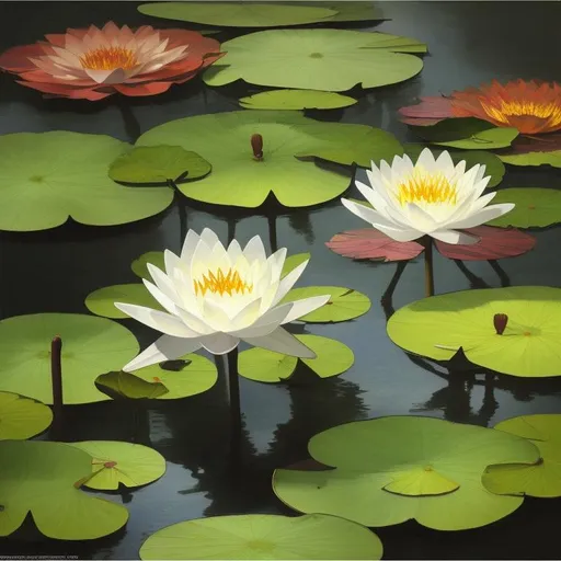 Prompt: Painting OF WATER LILLY,TRANSLUCENT PETALS, TOP DOWN ORTHOGRAPHIC, THICK PAINT, IMPASTO,DEPTH, HIGHLY DETAILED,8K,BEAUTIFUL, Rembrandt van Rijn, Diego Velázquez, Vincent van Gogh, Jackson Pollock, Willem de Kooning,TILED,SEAMLESS