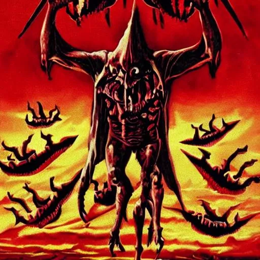 Prompt: a satanic devil eating humans all bloody and full of gore 20 feet tall in hell with fire and skeletons everywhere red sky skinny long arms short legs shark teeth no eyes pale uneasy