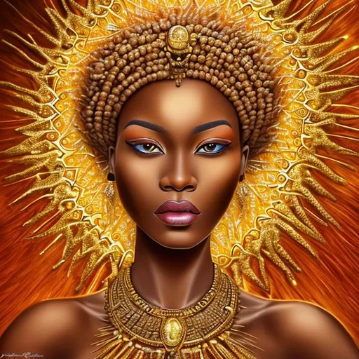 Prompt: A realistic portrait of a African sun goddess, have her wear custom jewelry, have sun rays come from the background. Have here wear a gold and black elegant dress. 