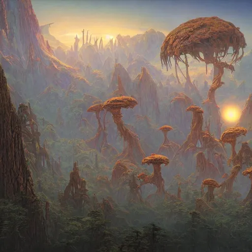 Prompt: A strange redwood biome and on an alien science-fiction planet, a sorceress dissolving in the sky, beautiful matte painting, Moebius, frank frazetta, sid mead, james gurney, thomas kinkade, rodney mathews, trending on artstation