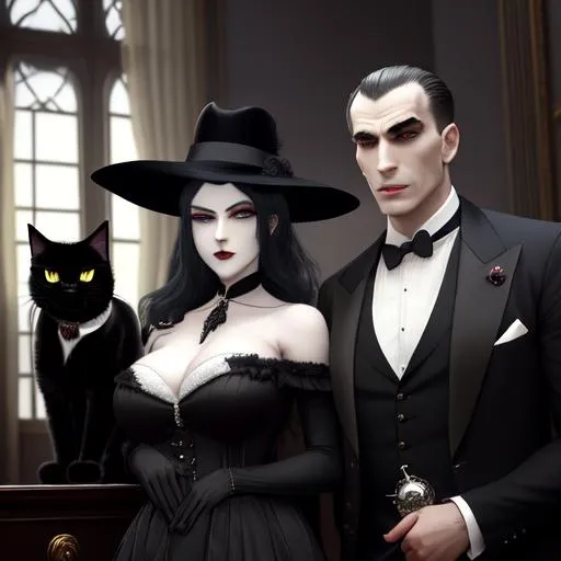 Prompt: Award winning group photo : Professor Woland , Koroviev a grotesquely dressed valet; Behemoth a black cat; Azazello a hitman; and Hella a female vampire. Very detailed and proportionate characters. Trending in art station. Cinematic. Ultra detail. Very expresive and natural faces. by Edward Hopper, Gothic style.  vibrant, intense, serious, mysterious. Focus on detailed and proportionate faces. hyper-detailed, esoteric arcane mystical symbolism
+ 36.5 mm f0 cinematic quality, very detailed.