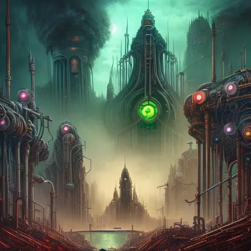Prompt: Fantasy art style, painting, metal, chrome, metropolis, city, crowded city, overpopulation, pollution, Evil, dictatorship, green neon lights, neon lights, green lights, futuristic, biological mechanical, dystopian, pipes, tubes, cables, nuclear weapons, weapons, teeth, brutalist, fog, smog