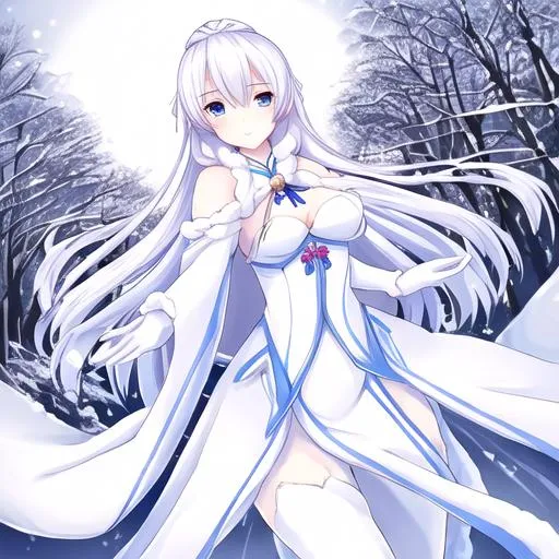 Prompt: The graceful Snow Maiden, in the most coquettish posture in the snow