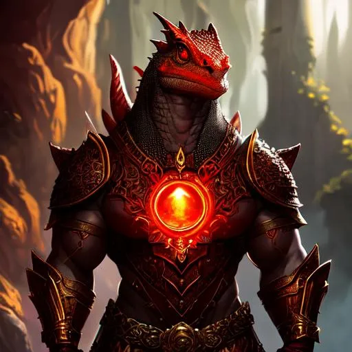 Prompt: an anthropomorphic Lizard, mythological creature, large head, red glowing eyes, chest armor, muscled, highly detailed face and fur, dark skin, chiaroscuro, volumetric lighting, d&d character, oil on canvas, intricate detail