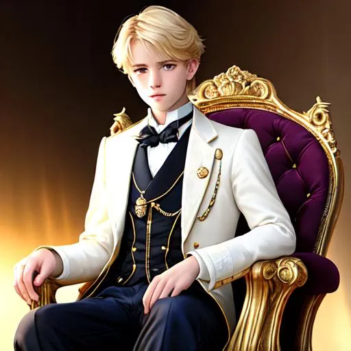 Prompt: full body, magical victorian era style, very beautiful 15-year-old blonde elegant shy timid anxious young prince sitting on a 19th century throne, royal vibes, schoolboy, private school uniform,  long striped tie, tight jacket, trousers, , realistic, studio lighting, qled, volumetric light, photo realism, steve simpson, dustin nguyen, feng zhu, greg rutkowski, Rendered by octane, hyperrealistic, masterpiece, Eye-contact, hyperdetailed attractive face and nose, perfect face, perfect body, perfect anatomy, hyperdetailed beatiful hair, hyperdetailed lips