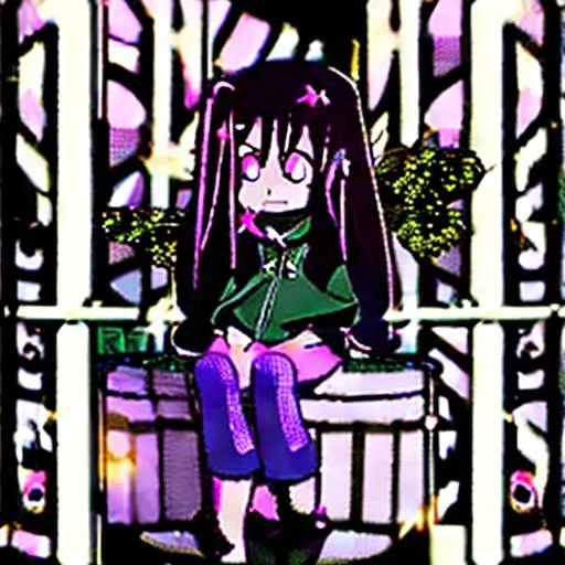 Prompt: MARI from OMORI sitting on a stump