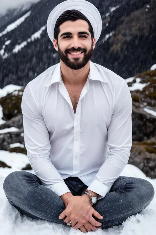 Prompt: a scene of "hyperreal face", "meditating", lost in god,"parsi hyperreal handsome rugged boy" in "hyperreal stormy snow mountain", smile, white kameez, detailed, hyperreal, sitting, arena, perfect composition, hyperrealistic, super detailed, 8k, high quality, trending art, trending on artstation, sharp focus, studio photo, intricate details, highly detailed, by greg rutkowski
