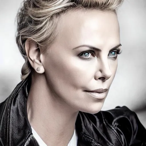 Prompt: photo realistic portrait of {Charlize Theron}, centered in frame, facing camera, symmetrical face, ideal human, 85mm lens,f8, photography, ultra details, natural light, light background, photo, Studio lighting