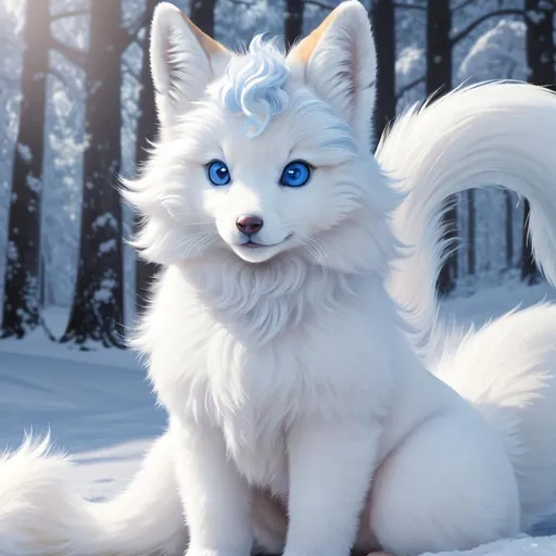 Prompt: 8k, UHD, masterpiece, best quality, trending on artstation, hyperrealistic, Portrait of a {beautiful Vulpix}, (canine quadruped), innocent curious blue eyes, intricately detailed snow white fur, large blunt blue ears, curious innocent smile, six beautiful wispy tails curled at the tip, fluffy white mane, blue ice fur lighlights, winter wonderland, {auroras} fill the night sky, sharp focus, intricately detailed fur, brilliant detailed eyes, beautifully detailed face, beautifully detailed background, perfect composition, sharp focus, unreal engine, intricately detailed mouth and teeth, by Yuino Chiri, canid, canid body, fox anatomy, fox kit