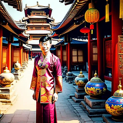 Prompt: An Asian wearing a double necktie with traditional Asian garb, the person is wearing a mix of western wear and East Asian attire, the person is wearing a ten-gallon, the person is surrounded by domed buildings and East Asian huts, landscape, realistic, photograph