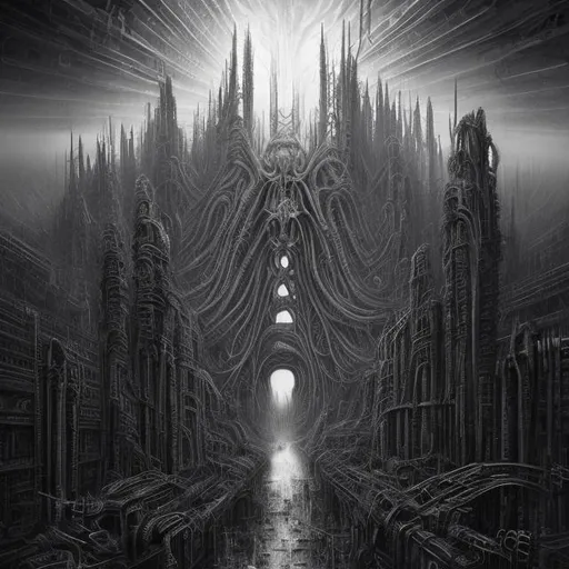 Prompt: Certainly, here's a prompt tailored for generating art using OpenAI's art generation capabilities:

"Generate a hyper-realistic black and white artwork in the style of HR Giger. Depict a dystopian cityscape shrouded in darkness with towering, biomechanical buildings blending with twisted, organic forms. Show a group of individuals with their eyes obscured by intricate, mechanical devices, conveying a sense of helplessness. Incorporate elements of oppressive technology, such as surveillance drones, data streams, and holographic propaganda. Use stark black and white contrasts to symbolize the struggle between an oppressive force and rebels seeking enlightenment. Convey the central message of how a dark force controls the world through technology and fear, keeping people blind to the truth and hindering their happiness and spiritual growth."