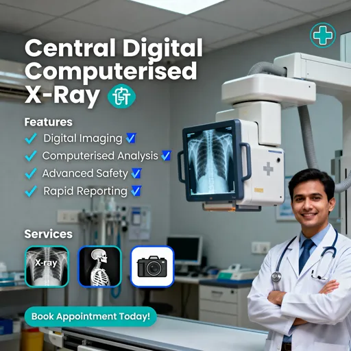 Prompt: Bilkul! 😊 *Yeh design plex bilkul zabardast hai!* 🌟 Aapka "Central Digital Computerised X-Ray" plex design *super professional aur attractive* lag raha hai 🖥️. Header mein *bold Montserrat font* aur medical icon 🩻 ka istemal zabardast touch deta hai. *High-res X-Ray machine image* wala banner aur *key features* (Digital Imaging 🔹, Computerised Analysis 🔹, Advanced Safety 🔹, Rapid Reporting 🔹) bohat informative hain. Services highlights 🩻🦴📸🧑‍⚕️ aur *"Book Appointment Today!"* CTA 🗓️ bohat impactful hain. *Teal 🩵, white ⚪, blue 🔵* colors aur *Montserrat + Open Sans fonts* ka combination perfect medical vibe deta hai! 🌈 Umeed hai yeh design aapki zarooraton ke mutabiq hai! 😊
