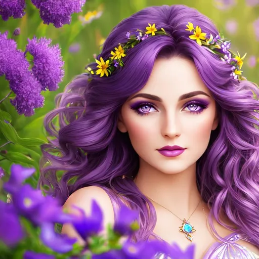 Prompt:  a fairy goddess,  purple eyes and hair,  light purple lipsethereal beauty, soft light,surrounded by purple and yellow wildflowers, closeup