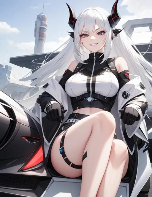 Prompt: Badass White hair girl with black eyes smiling sitting on a futuristic car under the blue sky 4k with black demon horns