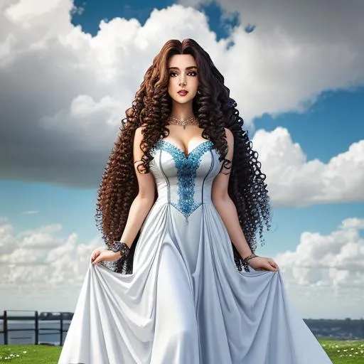 Prompt: a woman with long curly hair by Mark Summers.  +symmetrical eyes, +fine lines, +eyes, +mouth, +hands, +feet,
+long modest dress, 
+weather and clouds,
+HDR, +8k, +UHD, 
+Ensure good overall design,
+Ensure good overall composition,
+Ensure good proportions,