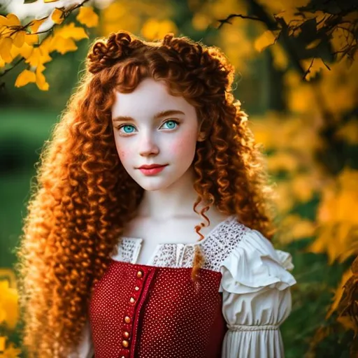  Cottagecore girl red long curly hair, yellow ambar e...