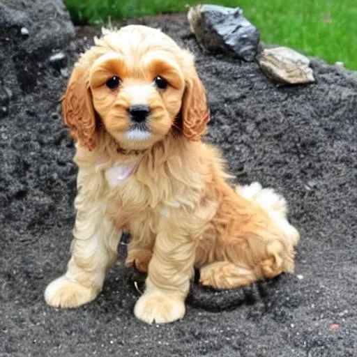 Prompt: cute golden cavapoo puppies with a bath