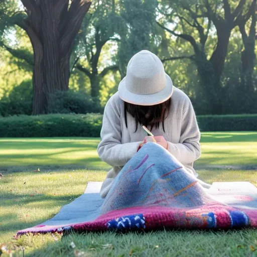 Prompt: Girl writing her journal.. big hat so you see no face while sitting on a WYCO blanket in the park
