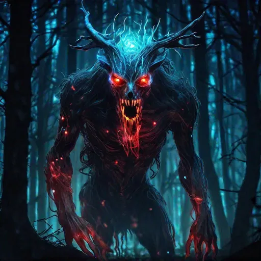 Prompt: A fantasy translucent skinwalker  that is glowing, demonic face, in a haunted wood with blood and bones, beneath the stars, bioluminescent, highres, best quality, concept art