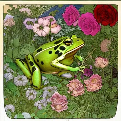 Prompt: a humanoid frog in a garden with roses, by mucha and murata range, art noveau, 